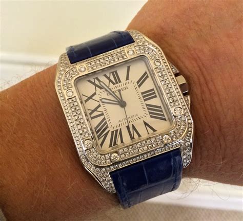 cartier santos 100 diamond bezel|cartier santos watch diamond automatic.